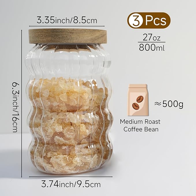 Glass Jars with Lids 27 Oz Cookies Jar Cute Candy Jar Canisters for Nuts Sugar Coffee Storage Jar Sets Large Storage Jars with Wood Lids for Pantry Kitchen Glass Food Jars for Spice (3 Pcs)