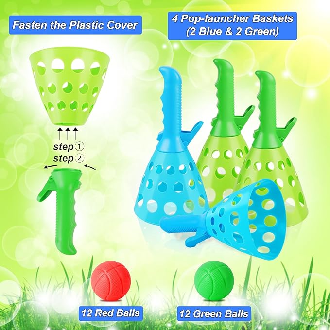 Duckura Outdoor Indoor Game Activities for Kids, Pop-Pass-Catch Ball Game with 4 Catch Launcher Baskets and 24 Balls, Easter Basket Stuffers Gifts Party Favors Beach Sport Toys for Kids Age 5 6 7 8 9+