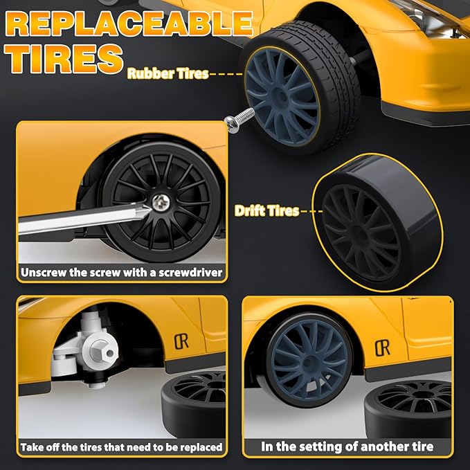 Remote Control Car 1/24 2.4GHz 4WD RC Drift Car, Rechargeable High Speed RC Cars with Cool Lights, Batteries and Extra Tires Toys for Kids (Yellow)