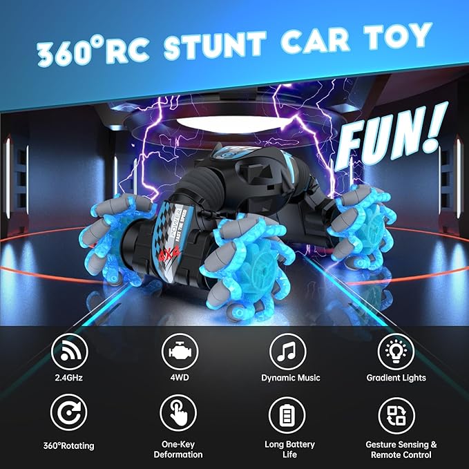 Gesture Sensing RC Stunt Car, 360° Rotating 4WD Transform Twist Cars Remote Control Car with Lights Music, 2.4GHz Hand Controlled RC Car Drift Car Birthday Xmas Gifts for Kids Age 8-15 Years Old