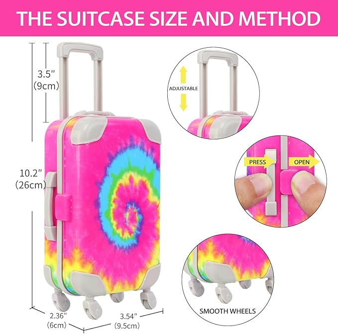 K.T. Fancy 14 PCS American 18 Inch Doll Travel Accessories Set - Rainbow Tie-Dye Suitcase Luggage with Waist Bag, Clothes, Makeup Kit, Phone Passport & Stickers (No Doll Included) Gift for Girls