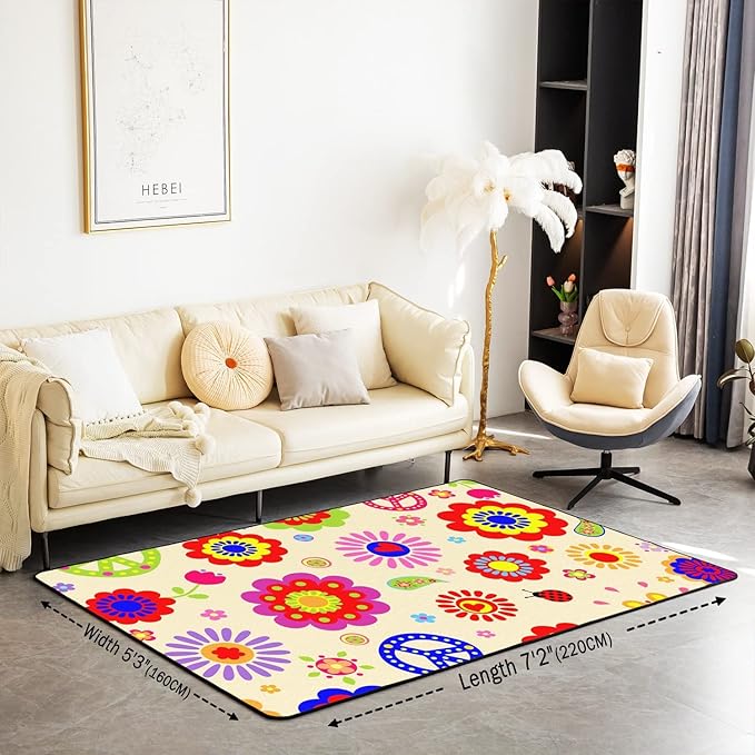 Kids Colorful Flowers Cute Area Rug 5x7 Hippie Peace Symbol Rug for Girls Kawaii Groovy Floral Power Carpet Cartoon Garden Botanical Ladybug Non Slip Decorative Rug for Living Room