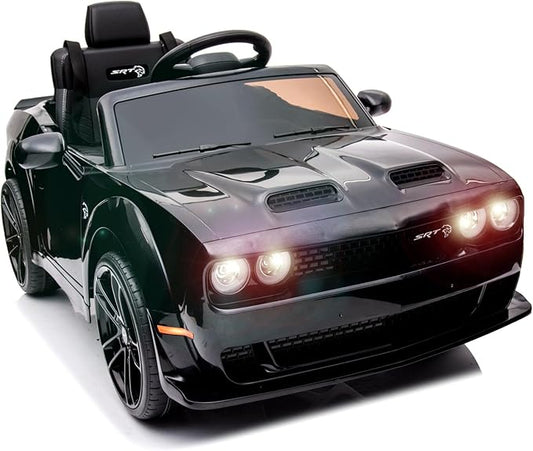 Kids Electric Car | Licensed Dodge Challenger Ride-On 12V Battery-Powered Vehicle with Remote, LED Lights, Bluetooth, MP3 for Boys and Girls, Black