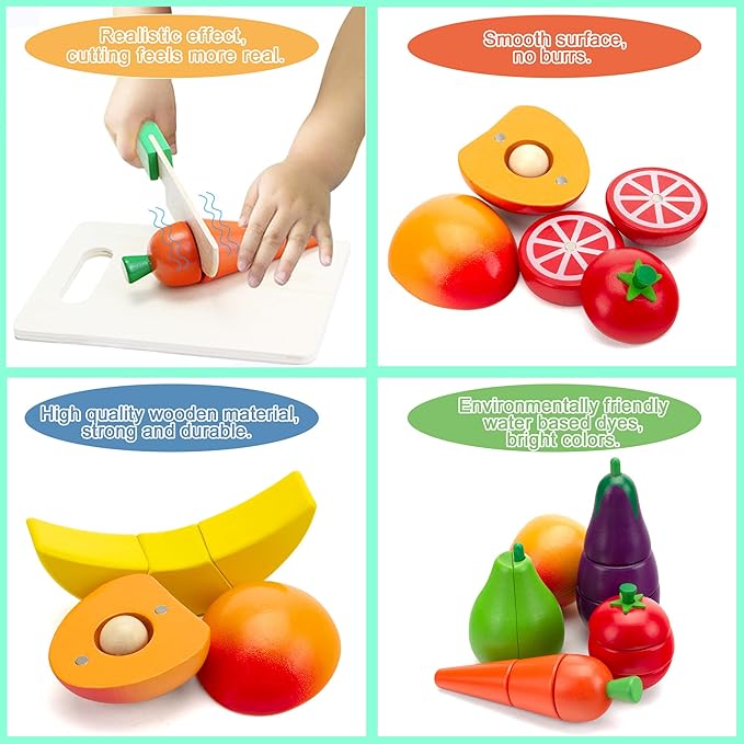 Wooden Play Food Sets for Kids Kitchen Fake Food Cutting Fruit and Vegetables Pretend Play Toddler Toys Food Montessori Toys for 3 4 5 6 7 Years Old Gifts for Boys and Girls