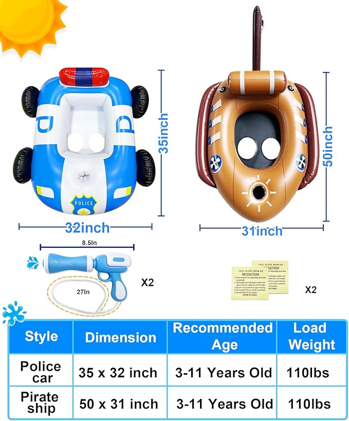 2 Pack Pool Floats Kids with Water Guns, Inflatable Pirate Ship & Police Car Pool Floaties Toys for 3-11 Years Kids Toddler Boys Girls Summer Outdoor Swimming Pool Party Games