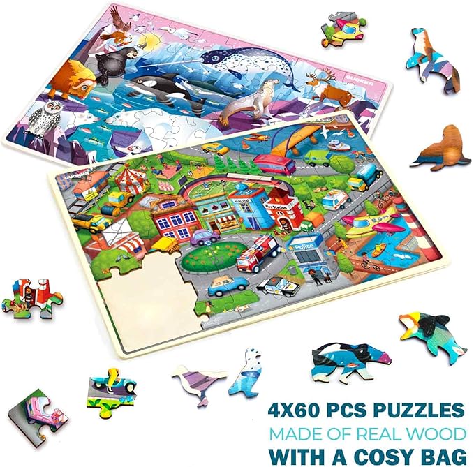 QUOKKA Wooden Puzzles for Kids Ages 4-6 – 4 x 60 Piece Kids Puzzles Ages 4-8-10 Year Olds by QUOKKA - Jigsaw Learning Game with Animals Dinosaurs City for 3-5 yo Wood Toys for Boys and Girls