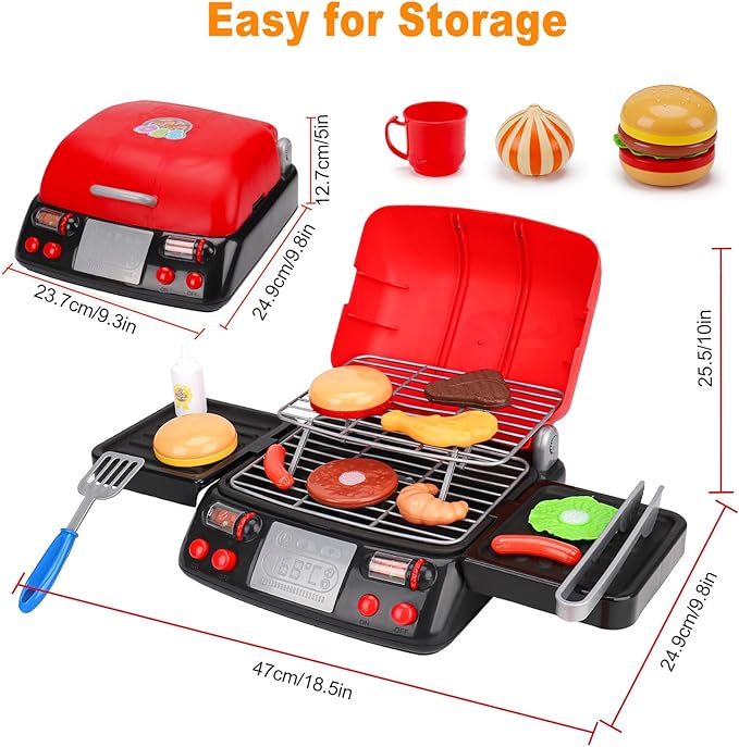 Kids Play Food Grill with Pretend Smoke Sound Light Kitchen Playset BBQ Accessories Camping Cooking Set Barbecue Toddler Girl Boy Toy 2 3 4 5 6 Year Old 4-8 Birthday Kid Toy Idea