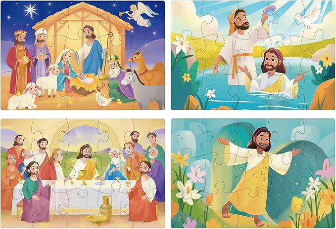 Bible Themed 4-in-1 Wooden Jigsaw Puzzles in Box, 15 Piece Each, Christian Religious Nativity Toys for Kids, Easter Christmas Puzzle for Kids (New Testament)