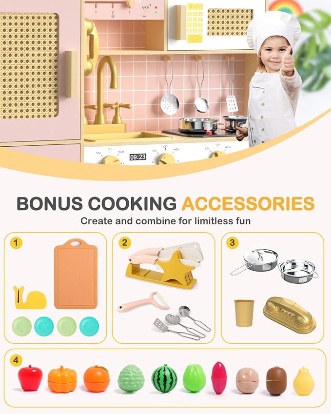 Babytronic Wooden Kitchen Playset for Kids, Pink Pretend Play Kitchen with Lights & Sounds, Retro Style Toy Kitchen for Toddlers Ages 3+, Wooden Play Kitchen Set with Realistic Design (Pink)