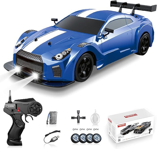 RC Drift Car 1/16 2.4GHz 4WD Remote Control Racing Car, 18KM/H+ High Speed with Spray, Cool Lights, Extra Tires - Kids Toy