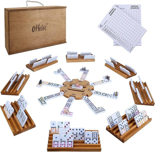 Mexican Train Double 12 Dominoes Set with Wooden Box, Domino Tile Board Games with 8pcs Trays, 9 Markers, 91 Tiles, 2 Scoreboards and Hub - Dominos Set for Adults Kids and Family Game Night