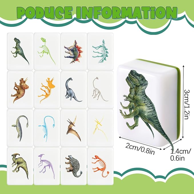 65 Tiles 30 mm Dinosaur Mahjong Game Blocks Set Push Tiles Blocks with Dinosaur Skeleton Pattern and Bag No DIY Required for Family Game Gift