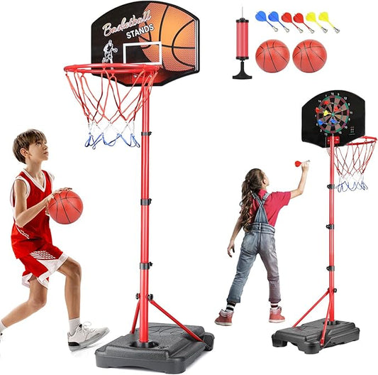MXF Kids Basketball Hoop Stand with Dart Board, Height Adjustable 2.6ft-6.2ft, Portable Mini Basketball Hoop Set with Balls & Darts, 2 in 1 Indoor Outdoor Toys for Kids Toddlers Ages 4-8