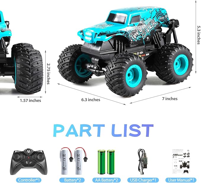 Remote Control Car, 2.4Ghz All Terrain Monster Truck Toys, RC Truck with Music, 3 Lighting Effects, 360 Stunt Capable, All Included Ready to Run, Toy Gifts for Boys and Girls (Blue)