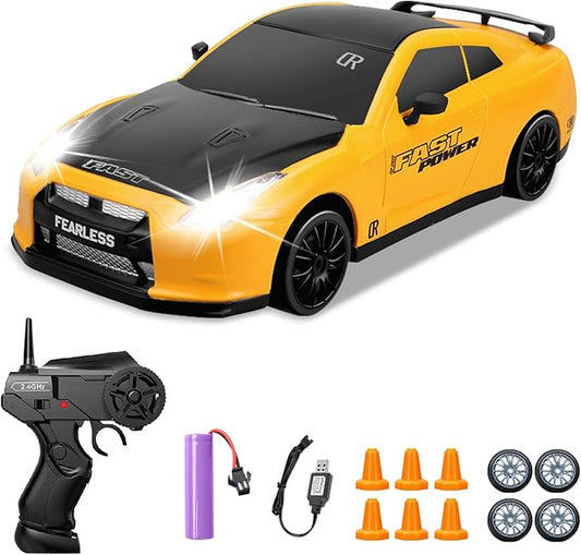 Remote Control Car 1/24 2.4GHz 4WD RC Drift Car, Rechargeable High Speed RC Cars with Cool Lights, Batteries and Extra Tires Toys for Kids (Yellow)
