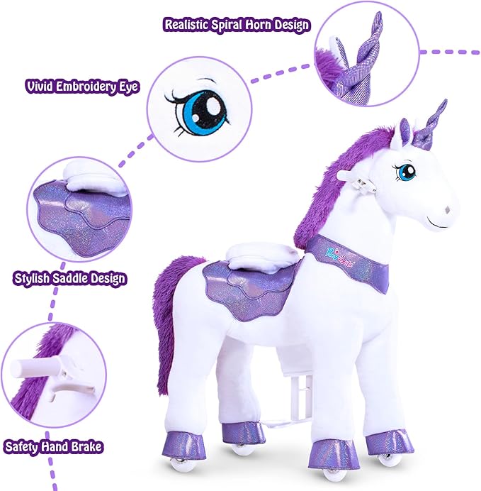 PonyCycle Ride on Unicorn Riding Unicorn Toys with Brake, Essential Model E Interactive Toy Unicorn Gifts for Girls (30" Height/Size 3 for Age 3-4) Riding Horse Ride on Toy Stuffed Animal Purple E313