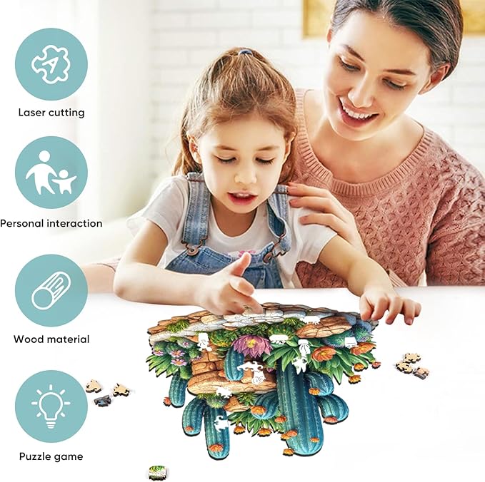 Succulent Cactus Wooden Puzzles for Adults, 500 Pieces Jigsaw Puzzles, Unique Shaped Medium Size Liberty Wood Puzzle Gift for Adults and Kids, Family Game 16.7'' x 16.2''