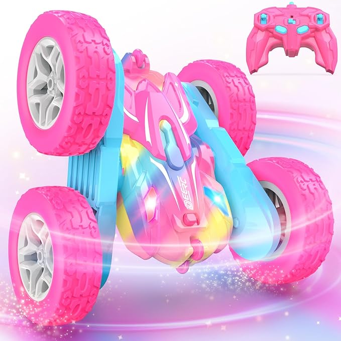 DEERC Rainbow Remote Control Car for Girls, Pink RC Cars Toy with LED Lights, 2.4 GHZ Double Sided RC Stunt Drift Car 360°Rotating, All Terrain RC Crawler Gift for Kids, 40+ Mins Running Time