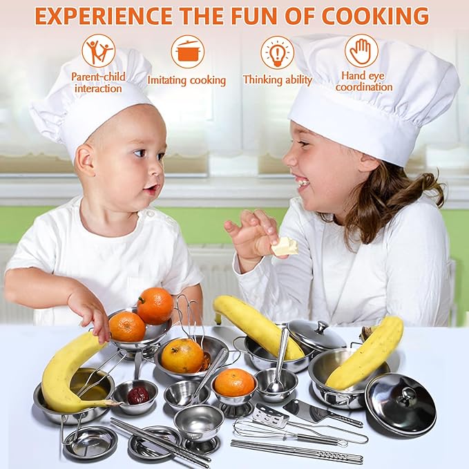 Mini Size Kids Kitchen Pretend Play Toys Accessories with Stainless Steel Cookware Pots and Pans Set,Classic Kitchen Accessories Cooking Utensils Set Tiny Role Play Cooking Play Toy for Kids Toddlers