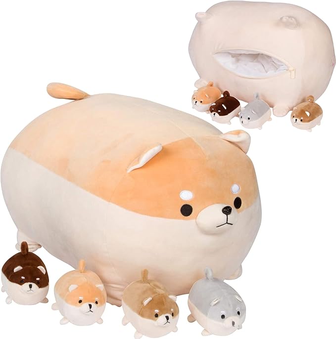 PixieCrush Stuffed Dog Toy - Cute Plushies Shiba Inu Mommy with 4 Puppies - Adorable Plush Pillow for Imaginative Play - Puppy Surprise Soft Animal Toy Set for Girls - Stuffed Animals for Ages 3-8