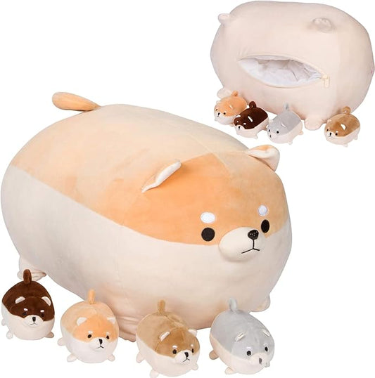 PixieCrush Stuffed Dog Toy - Cute Plushies Shiba Inu Mommy with 4 Puppies - Adorable Plush Pillow for Imaginative Play - Puppy Surprise Soft Animal Toy Set for Girls - Stuffed Animals for Ages 3-8