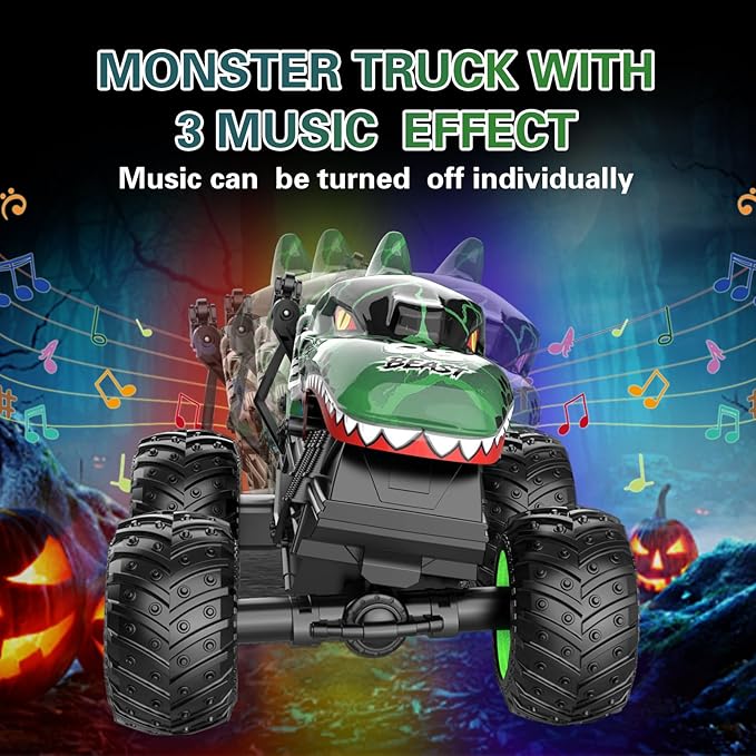 Jumping Monster Truck Toy, 2.4GHz Remote Monster Trucks for Boys 4-6, Dinosaur Monster RC Truck, 2 Rechargeable Batteries, 3 Lighting and Music, Rotate 360 °, Drift, Blue Remote Control Car