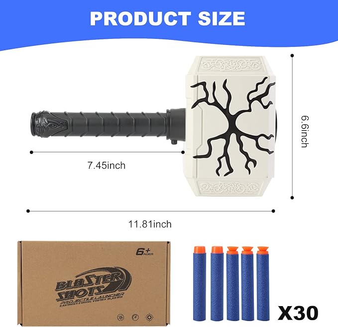 Dart-Blasting Hammer Toys Guns with Light -Toys for 6+ Year Old Boys,Kids Roleplay Toy Thunder Mjolnir Includes 30 Darts Gift for Boys & Girls Shooting Game Toy