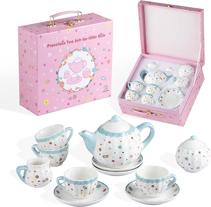 Sweejar Porcelain Tea Set for Little Girls,Kitchen Toys Tea Party Set for Kids Toddler Kitchen Pretend Toy Include Children Teapot, Cup & Saucer Set of 4, Sugar Bowl and Cream Pitcher(Sweet)