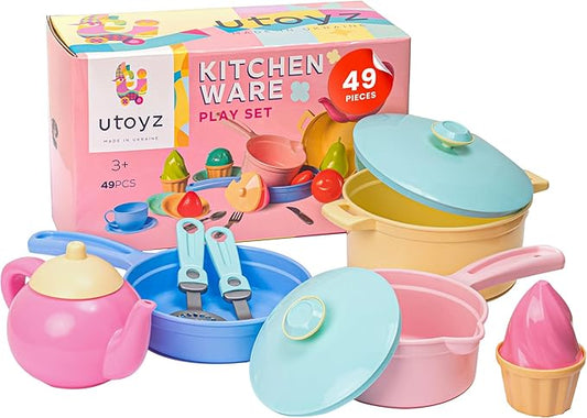 TECHNOK Kids Play Kitchen Accessories - 49 Pcs Play Dishes Cookware Set - Large Toy Pots and Pans for Kids Kitchen Pretend Dishes - Play Food Set - Cooking Utensils - Toy Cooking Set for Girls Boys 3+