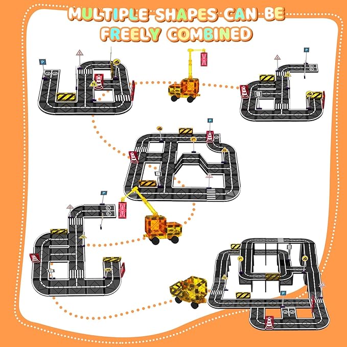 Magnetic Tiles Road Set, Magnetic Blocks Building Toys for 3+ Year Old Boys Girls, Magnet Construction Toys Preschool Educational Kids Magnet Tiles for Toddlers 3-5 4-8 (Magnetic Tiles Road Set)