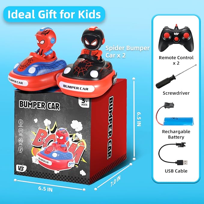 Spider Remote Control Bumper Car Set of 2, Mini RC Car with Light & Sound Effect 360° Rotating Spider Figures Bump and Eject Toy Cars for Kids Boys Girls 3-4 4-6 5-7 8-13