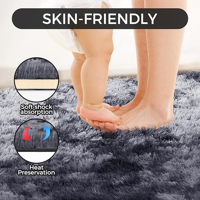 5X8 Ultra Soft Rug for Living Room, Fluffy Shag Area Rug for Bedroom, Modern Shaggy Carpets Fuzzy Rug for Teens Dorm Nursery Home Decor Aesthetic, Upgrade Anti-Skid Durable, Tie Dye Black and Grey