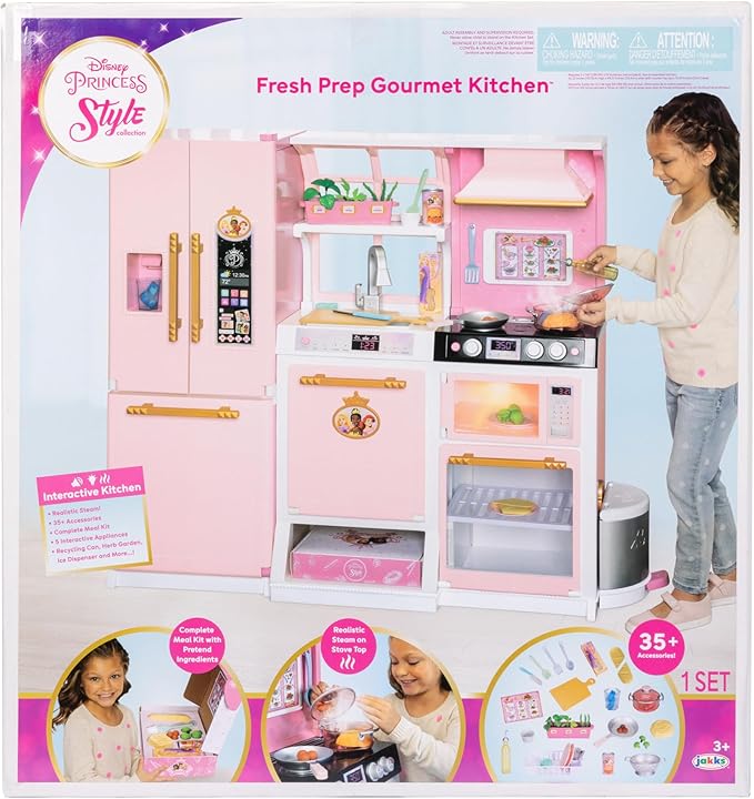 Disney Princess Style Collection Fresh Prep Gourmet Kitchen, Interactive Pretend Play Kitchen for Girls & Kids with Realistic Steam, Complete Meal Kit & 35+ Accessories