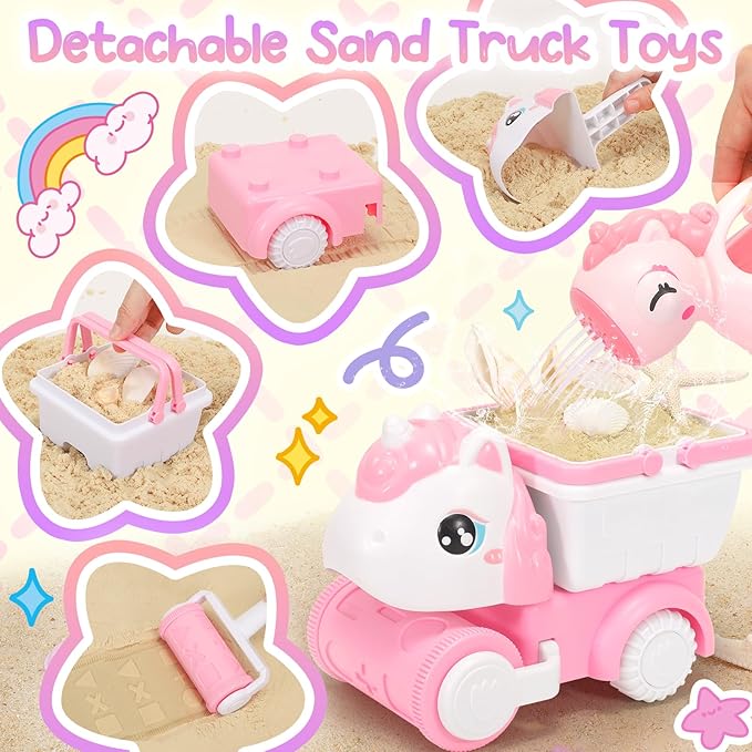 Tagitary Beach Toy Unicorn Sand Toys for Kids,Sand Castle Toys for Beach with Mesh Bag,Sand Shovels,Castle Sand Kits,Sifters,Unicorn Watering Can and Truck,Beach Essential Outdoor Toys for Kids