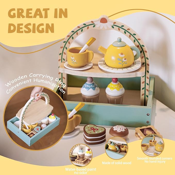 Wooden Tea Party Set for Little Girls,Kids Tea Set with Cookies & Cake Stand, Play Kitchen Accessories Wooden Pretend Play Food Toys for Girl Boy Birthday Gift