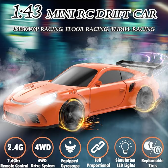 1/43 Mini RC Drift Car with Gyroscope, 2.4GHz Full Proportional High Speed Remote Control Car, RTR 4WD Fast RC Cars with LED Lights Racing Tires, Hobby RC Cars Toy Model Gift for Adults, Kids, Boys
