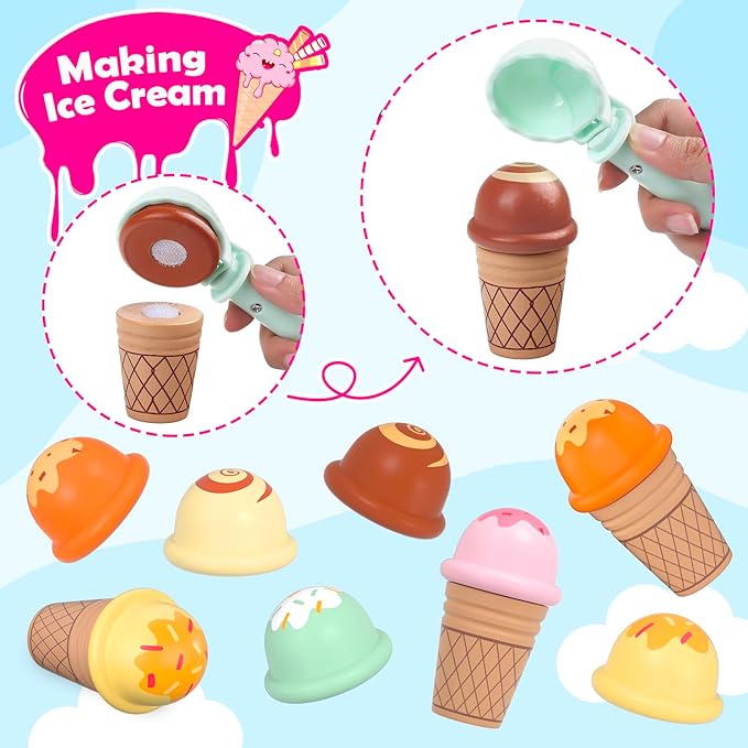 Wooden Ice Cream Toys Kids Toy Food for Toddler Girls 3+, Ice Cream Shop Playset, Pretend Play Kitchen Toys with Display Counter & Fake Money - Wooden Food Toys for 3 4 5 Year Old Girls Boys Birthday