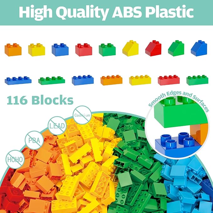 Building Blocks for Toddlers 2-5 Including Dinosaurs Cars, 116-piece Large Classic Building Bricks Set, Educational Toys for Children Boys Girls All Ages, Compatible with All Major Brands