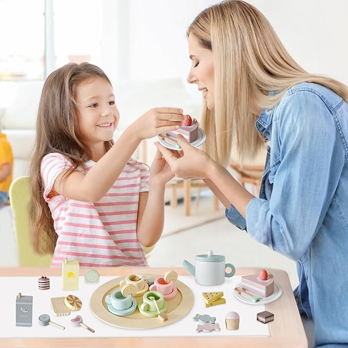 Wooden Tea Party Set for Little Girls, 34 PCS Wooden Tea Set for Toddlers 3-5, Pretend Play Kids Wood Tea Set Toy, Play Kitchen Accessories with Play Food, Improve Imagination