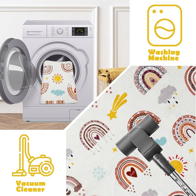 Boho Rainbow Soft Kids Play Rug, Washable Foldable Baby Crawling Floor Mat, Non Slip Nursery Area Rug for Children Living Room Playroom Classroom Bathroom Bedroom Kids Room Decor