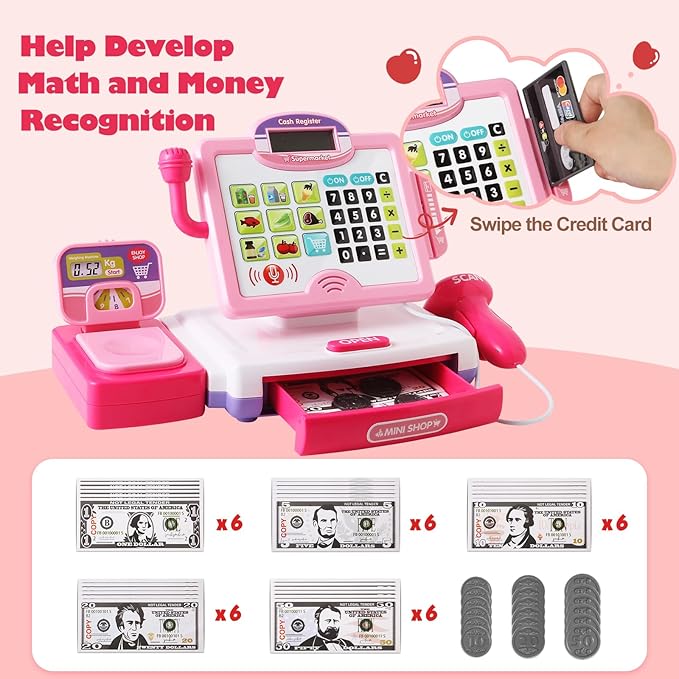 Play Calculator Cash Register Toy Gift for Kids Girls Age 3, 4, 5, 6, 7, 8+ Year Old, 57 Pcs Pink Pretend Grocery Store Playset, Incl Microphone, Credit Card, Scanner, Fake Food, Play Money for Kids