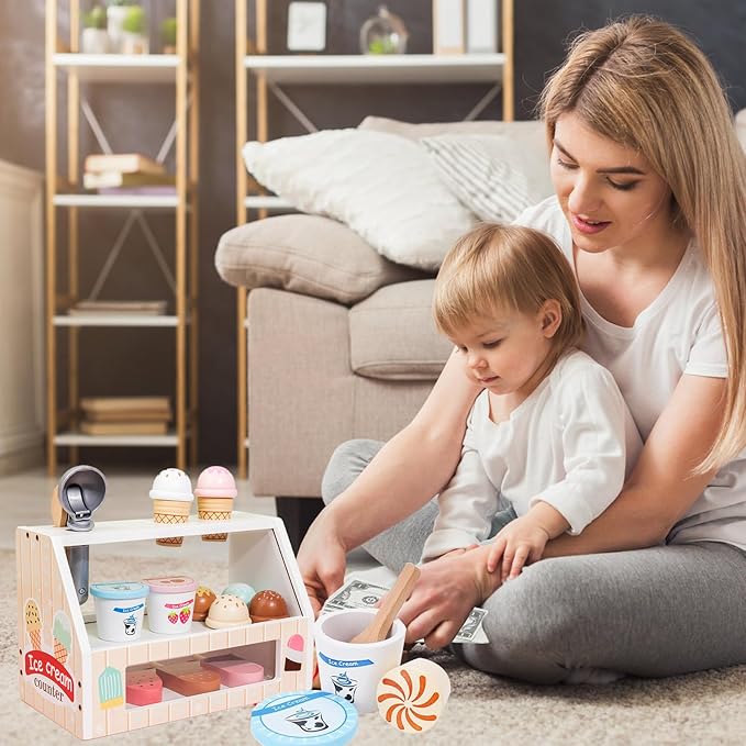 Wooden Ice Cream Toys for Kids Toddler,Ice Cream Counter Shop Pretend Play Toy Food Kitchen Accessories,Play Food Scoop and Serve, Play Kitchen Sets for Kids,Christmas Birthday Gift for Girls Boys