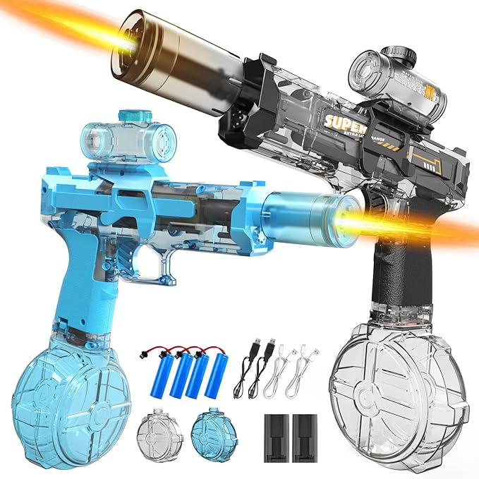 2 Pack Electric Water Guns,Auto Squirt Gun Blaster with Muzzle Light,Water Gun Long Range 23-32 FT,Outdoor Party Shooting Game Toy with 4 Batteries,Ideal Summer Soaker Gun Gift for Kids & Adults.