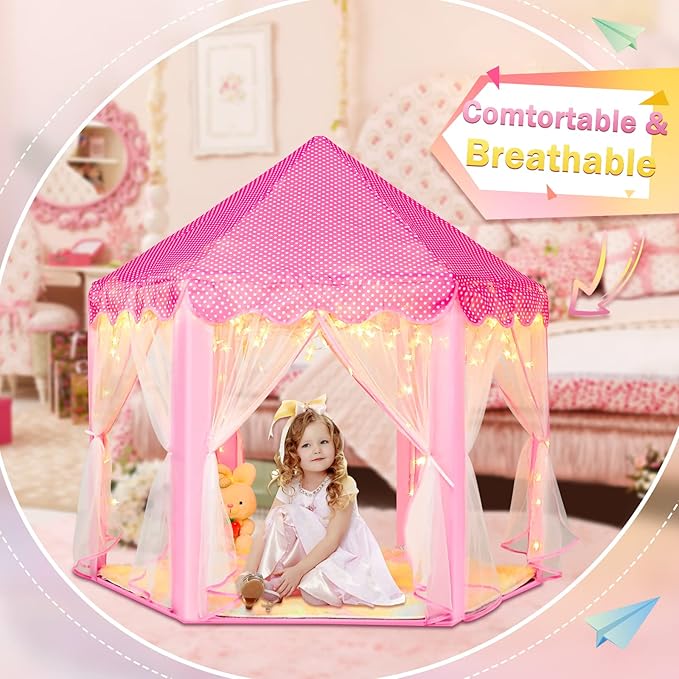 Princess Tent with Rainbow Rug, Little Star Lights for Girls, Pink Play Tent for Kids, Girls Toys Set for Indoor Princess Games Decor, Princess Castle Playhouse