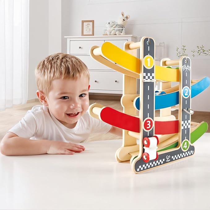 Hape Oddler Toys for 1 2 Year Old Boy & Girl Gifts Wooden Race Track Car Ramp Racer with 4 Mini Cars
