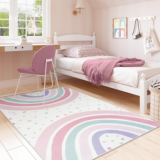 STARUIA 5x7 Washable Rainbow Rug for Kids Room Nursery, Soft Polka Dot Pink Rug for Bedroom Girls, Non-Slip Large Carpet Kids Area Rug for Playroon Princess Castle