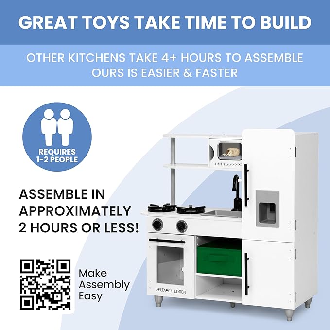 Delta Children Deluxe Modern Kitchen - Toy Kitchen Playset with Realistic Knobs That Turn/Click, Oven, Sink and Fridge/Freezer with Ice Maker, White