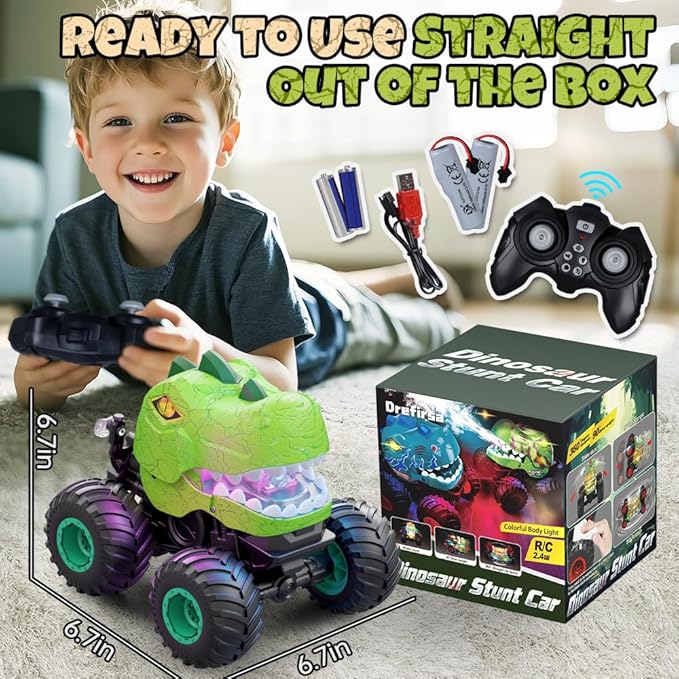 Remote Control Car for Boys Age 4-7 8-12, 50min+ Runtime Dinosaur Monster Truck Toy with Spray, Light, Music, 360 Rotating, 90 Driving, All Terrain Dinosaur Toy for Kid Birthday Gift