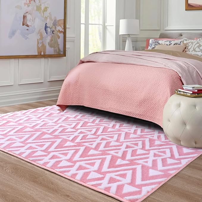 Ompaa Ultra Soft Shaggy Rugs Memory Foam Bedroom Carpet, Pink 5 x 8 Feet, Plush Geometric Textured Area Rugs for Living Room Couch Dorm Bedside Kids Girls Teens Room Nursery Decor Floor Mat