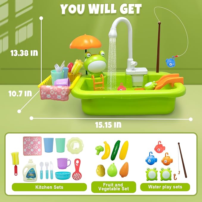 Play Sink with Running Water,Kids Sink Toy with Automatic Water Cycle System,Sink Fishing Game Toy with Food Kitchen Accessories,Kids Role Play Dress Up Dishwasher Toys for Boys and Girls Present
